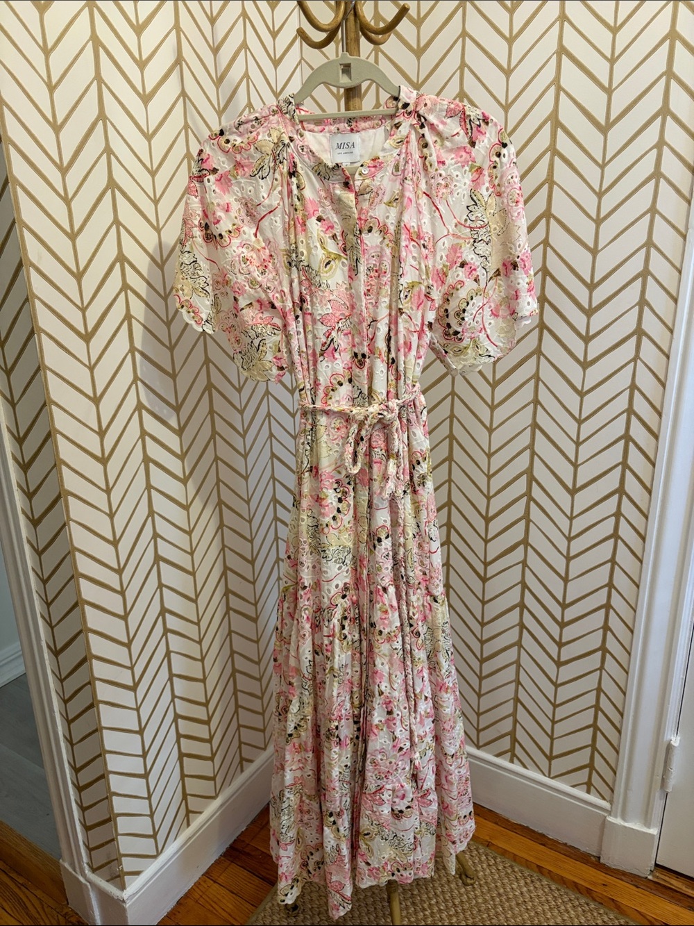 Misa Los Angeles Pink Paisley Tie-Waist Maxi Dress with Puff Sleeves